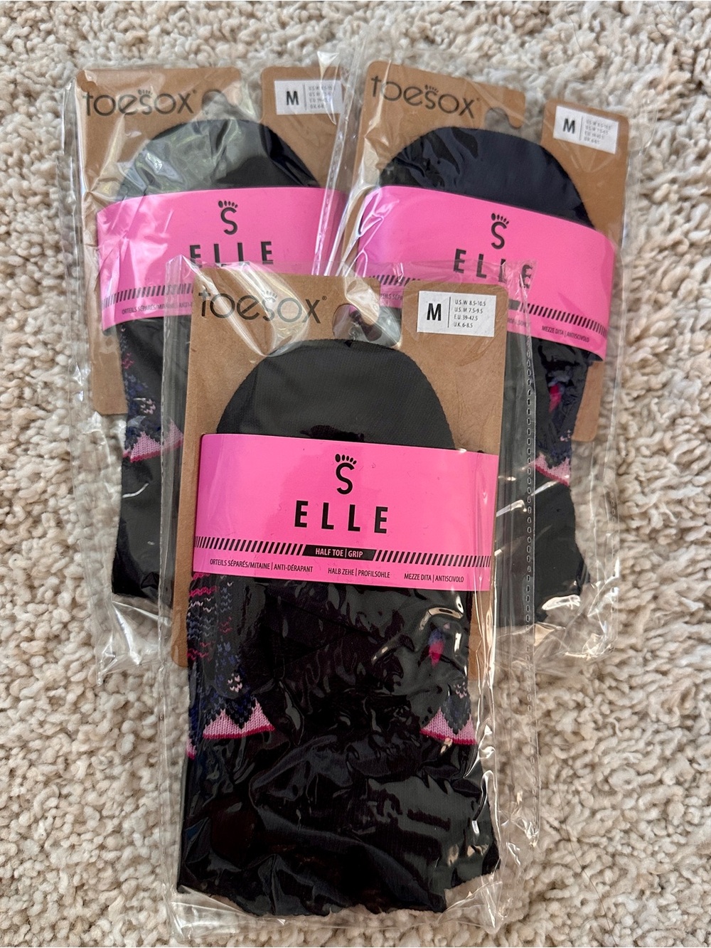 TOESOX (3 pairs) Elle Half Toe Grip  Pilates Socks in Black & Pink Mary Jane - M